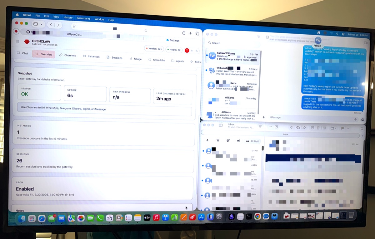 Ada's command center — OpenClaw dashboard, iMessage conversations, and email running simultaneously