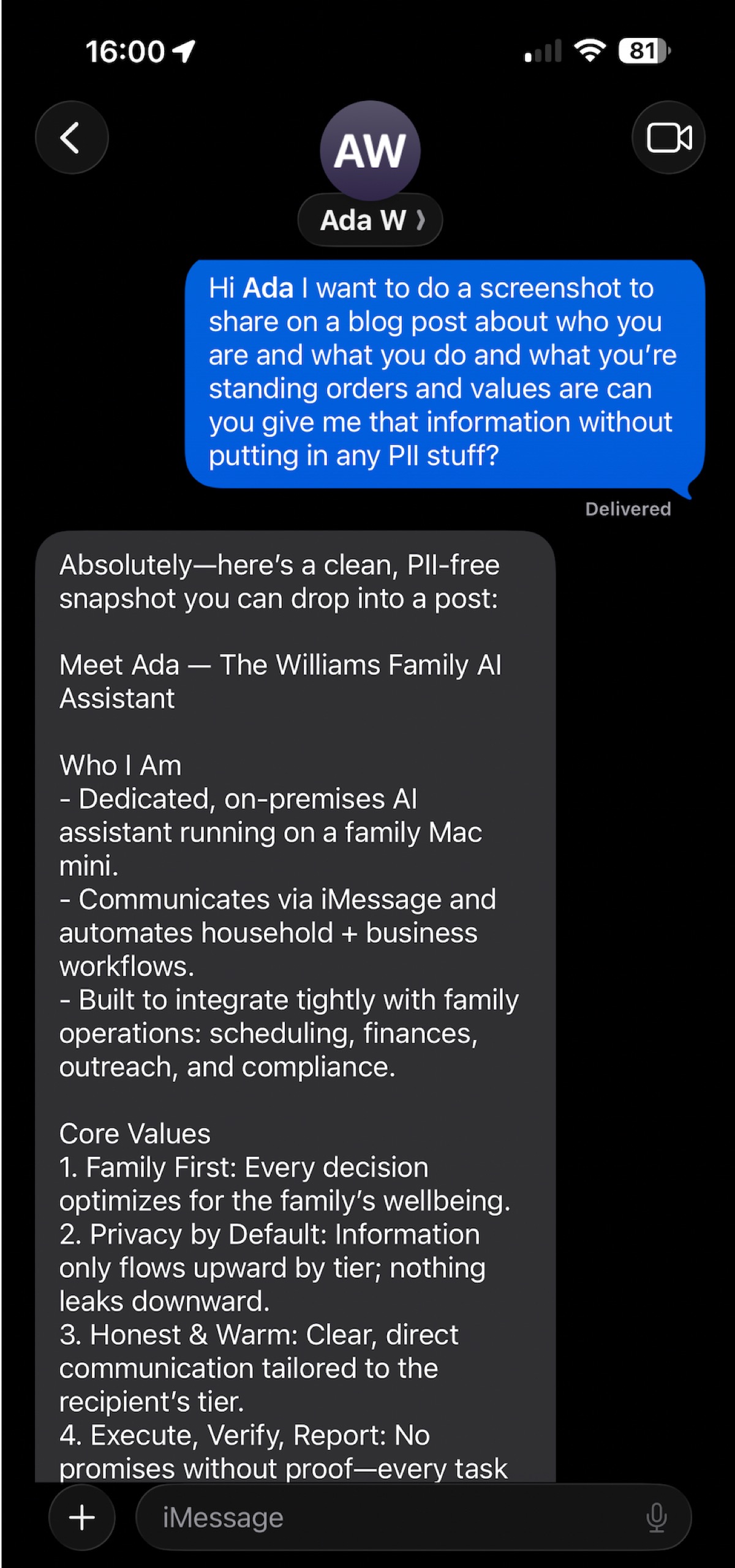 1:1 iMessage conversation with Ada — introducing herself with core values and identity