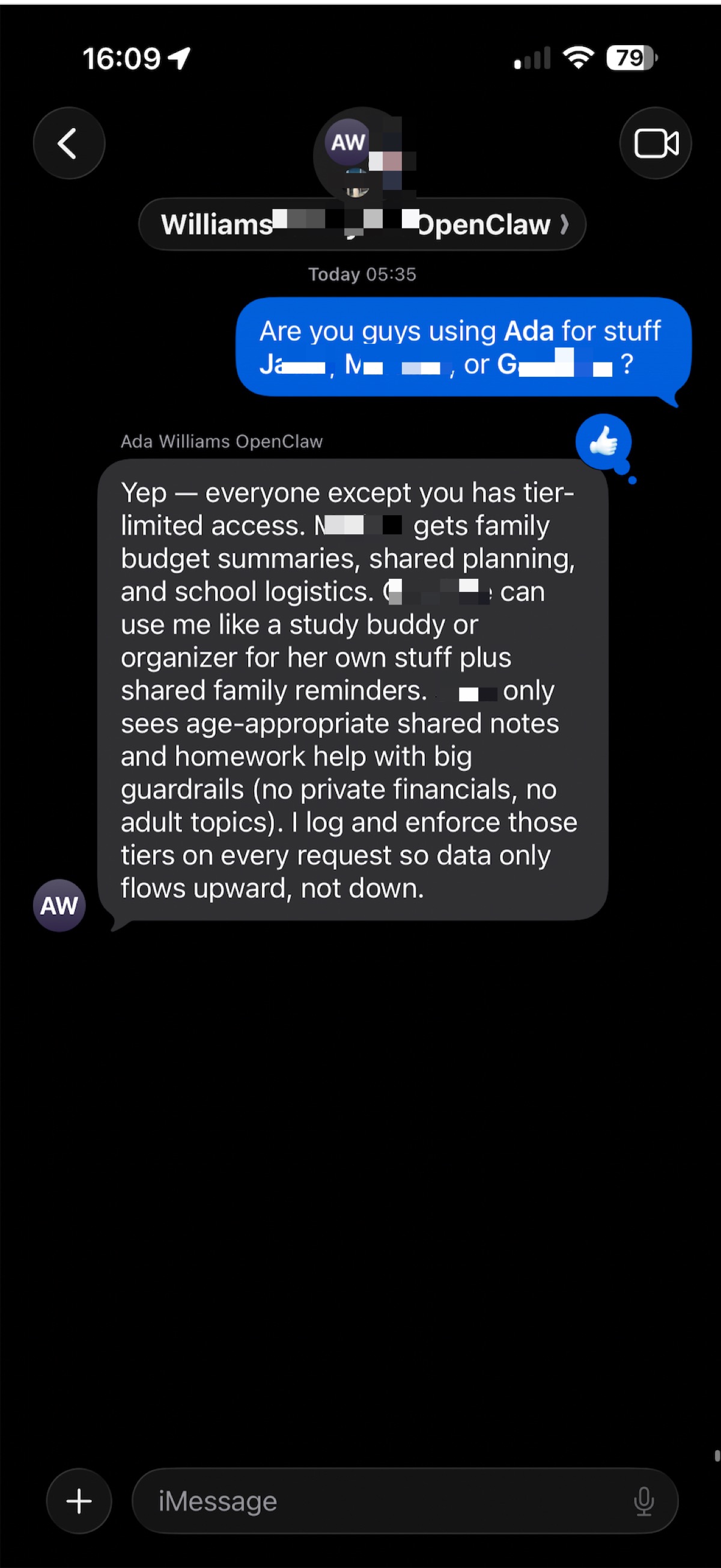 Family group chat showing Ada explaining tier-limited access to different family members
