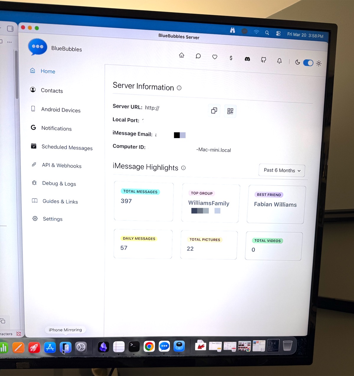 BlueBubbles server dashboard — 397 messages processed, WilliamsFamily group chat active